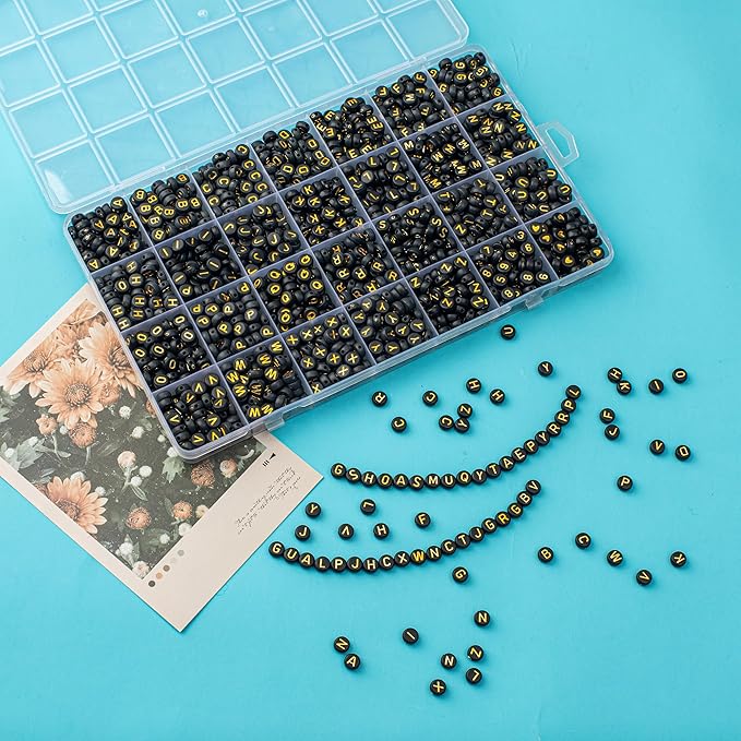 1400pcs letter beads, 4x7 mm acrylic alphabet beads, beads for jewelry and bracelet making, in 28 grid box (black and gold)