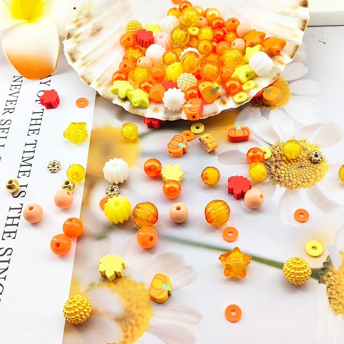 1470Pcs Fall Bracelets Kit - Thanksgiving Fall Beads for Jewelry Making - Autumn Maple Leaf Pumpkin Clay Beads Pearl Star Round Loose Spacer Heishi Beads for Necklace Earrings DIY Craft