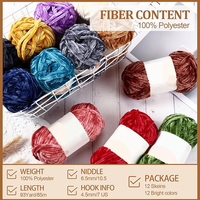 Xinnun 12 Skeins 1116 Yards Chenille Velvet Soft Thick Plush Yarn Bulk for Crocheting Knitting Blanket DIY Weaving Craft, 6mm, 3.5 Oz/Skein(Elegant Color)