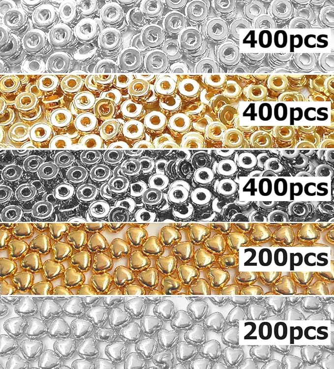6mm Flat Round Spacer Beads, Clay Beads for Bracelets Making Kit, Heishi Polymer Flat Disc Spacer Beads for Jewelry Making, Clay Beads for Jewelry Making Gold Beads Silver (1600pcs(400Heart))
