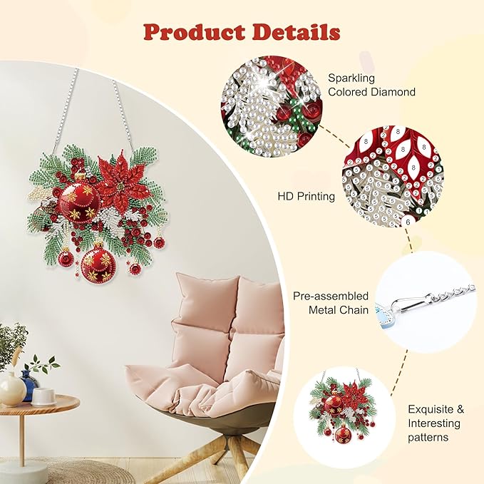 HEIBAGO Christmas Ball Diamond Art Hanging Kits for Adults Kids, 5D Special Shaped Crystal Diamond Painting Kit, DIY Pattern Window Pendant Gem Art Kit for Home Wall Decor 8.3 x 8.3 Inch