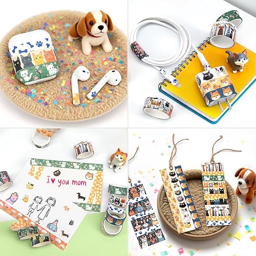 Washi Tape Set 14 Rolls, Cute Animal Decorative Tape, Cats Puppies Pugs Designs Washi Tapes for Scrapbooking Supplies, Journaling Supplies, Crafts