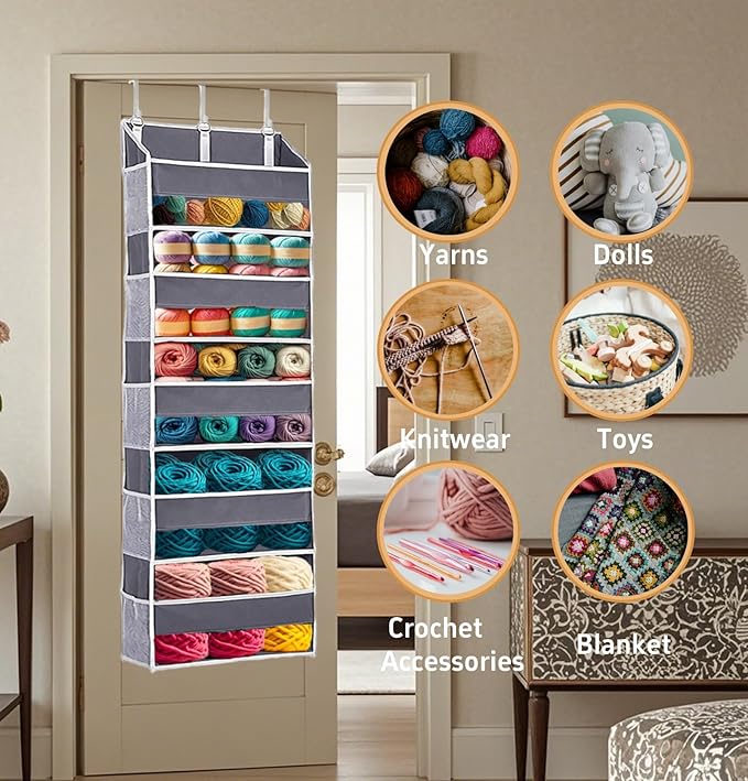 Over Door Yarn Storage Organizer,Large Capacity Yarn Storage Bag with 5 Yarn Balls Storage Pockets & 10 mesh side pockets are available to store Crochet Accessories & Knitting Supplies