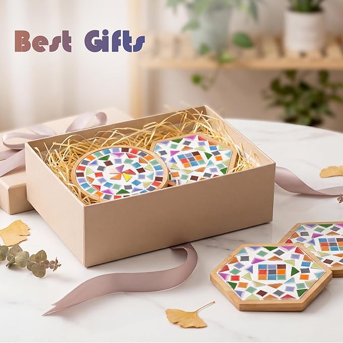 Nuyoach DIY Mosaic Coaster Kits for Adults Craft,2 Sets Ceramic Arts and Crafts Tile Kit with Wooden Coasters,Glass Mosaic Adult Craft Kits for Women Seniors Handmade Gifts Home Decor