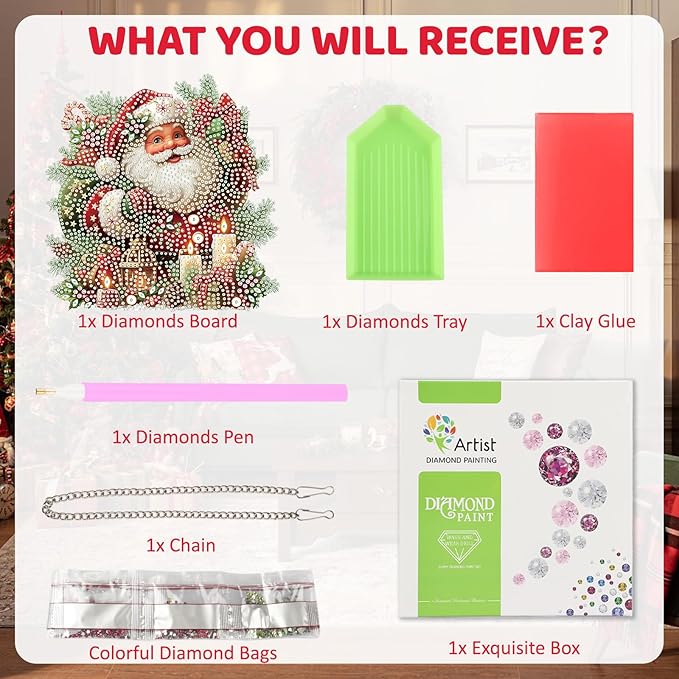 MEIYUDA Christmas Diamond Painting Hanging Kits, DIY Santa Claus Diamond Art Window Hanging Ornament for Adults, 5D Special Shape Rhinestone Pendant for Home Garden Wall Decor Gift