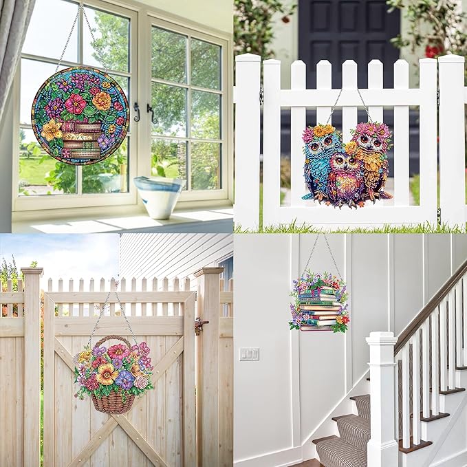 VAIIEYO Book Diamond Art Hanging Ornament, Flower Diamond Painting Suncatchers Window Hanging Kit with Chain, 7.5x7.5 inch Crystal Pendant Art Craft for Gift Home Wall Front Door Decoration