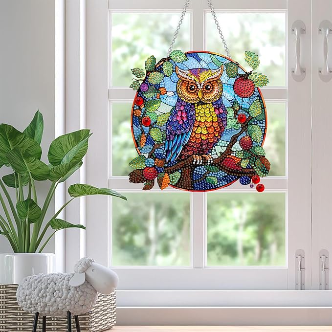SKRYUIE Owl Hanging Diamond Art Kits for Adults Pendant Suncatcher, Special Shaped Crystal DIY Pearl Diamond Painting Kit, Gift for Mother Spring Summer Window Wreath Decor 7.72 x 7.64 Inch A10