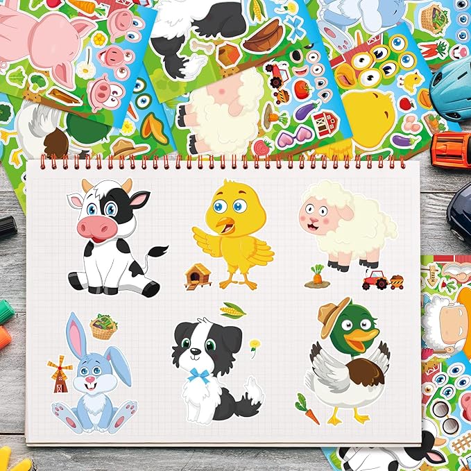 24 sheets 8.27''×5.9'' make your own farm animals stickers for kids toddlers, make a face stickers for kids party favors activities