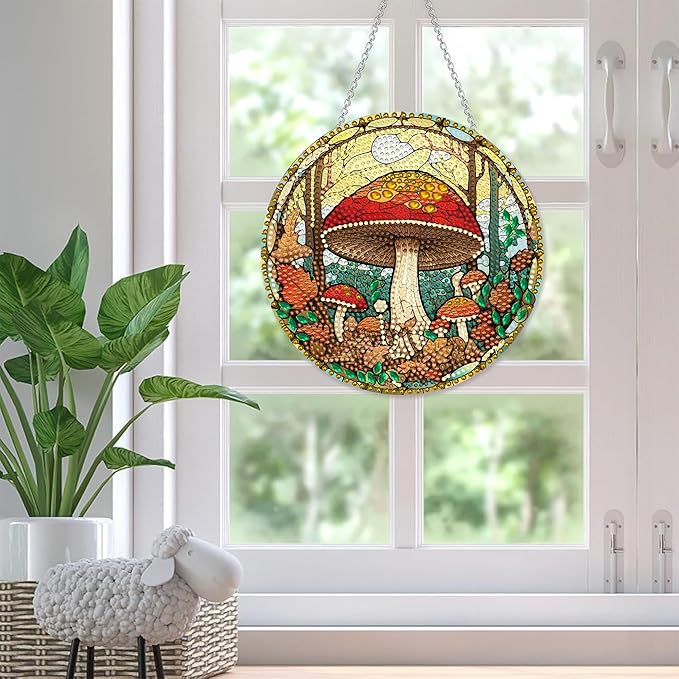 SKRYUIE Mushroom Hanging Diamond Art Kits for Adults Pendant Suncatcher, Special Shaped Crystal DIY Pearl Diamond Painting Kit, Gift for Mother Spring Summer Window Wreath Decor 7.68 x 7.68 Inch A6