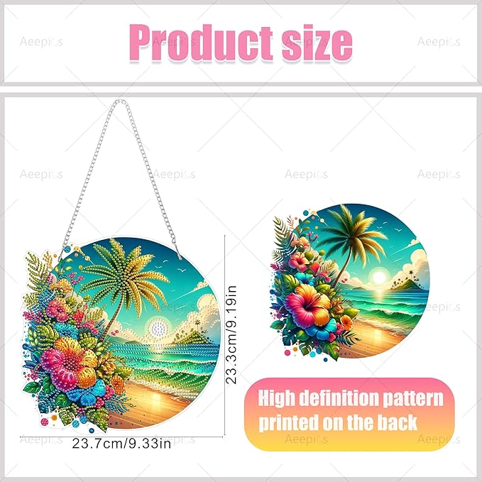 Aeepics Hanging Diamond Art Kit for Adult, DIY Diamonds Painting Pendant Ornament Kit, Acrylic Diamond Art Painting Board Kit (Beach)