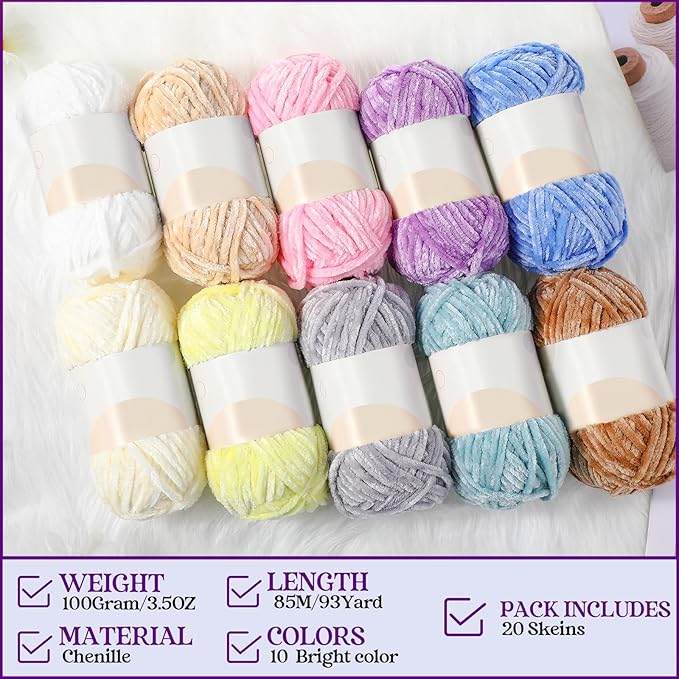 Woanger 20 Skeins Soft Chenille Yarn Velvet Blanket Yarn for Crocheting Hand Knitting Weaving DIY Craft, 10 Colors, 93 Yards Each (Vivid Color)