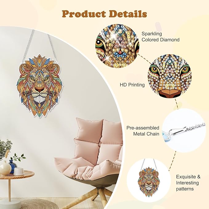 HEIBAGO Lion Hanging Diamond Art Kits for Adults, Special Shaped Crystal Diamond Painting Ornament Kit, DIY Double-Sided Pattern Window Pendant Gem Art Kit for Home Wall Decor 8.3x8.3inch