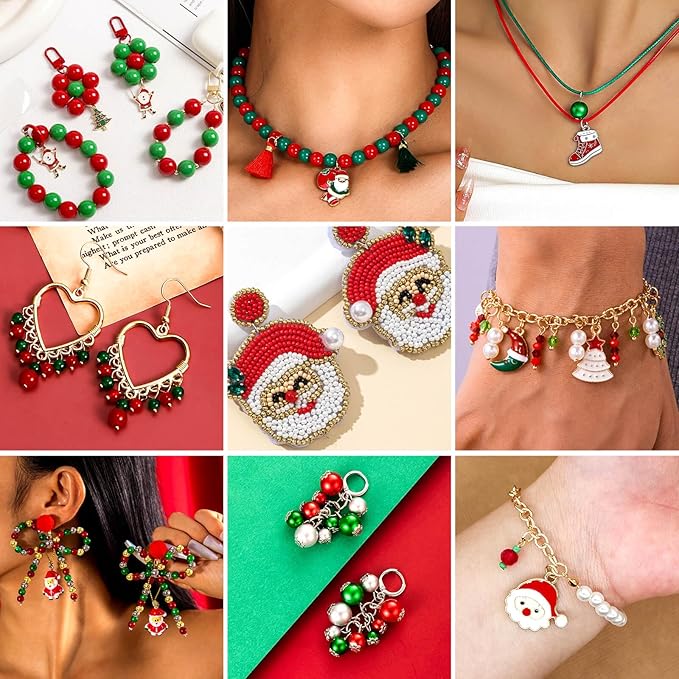2370Pcs Christmas Beads for Bracelets Jewelry Making Kit, Christmas Tree Snowflake Charms Red Green Xmas Clay Bead Assorted Acrylic Crystal Round Pearl Star Spacer Bead for Necklace Earrings DIY Craft