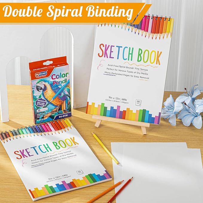 2 Pack Sketch Book with 36 Color Pencil Set, Spiral Kids Sketchbook for Drawing (68lb/100gsm), Acid-Free Sketch Pad for Kids Artist, Art Paper Drawing Supplies for Gifts (9×12 inch)