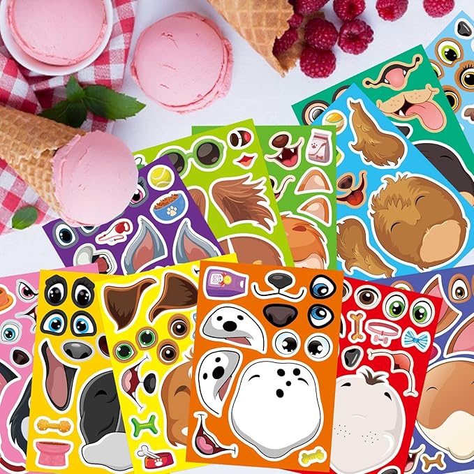 24 sheets dogs make a face stickers, make your own dog stickers for kids, animal sticker for birthday gift party favors supplies teacher art craft, games school activity reward