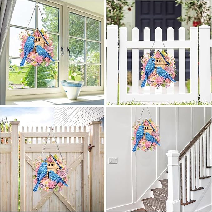 Reofrey Hanging Diamond Art Kits for Adults– 8x8Inch Birds Hanging Ornament Acrylic Board Double Sided Pattern Crystal Diamond Art Suncatcher Pendant, for Home Wall Window Decoration Handmade Gift