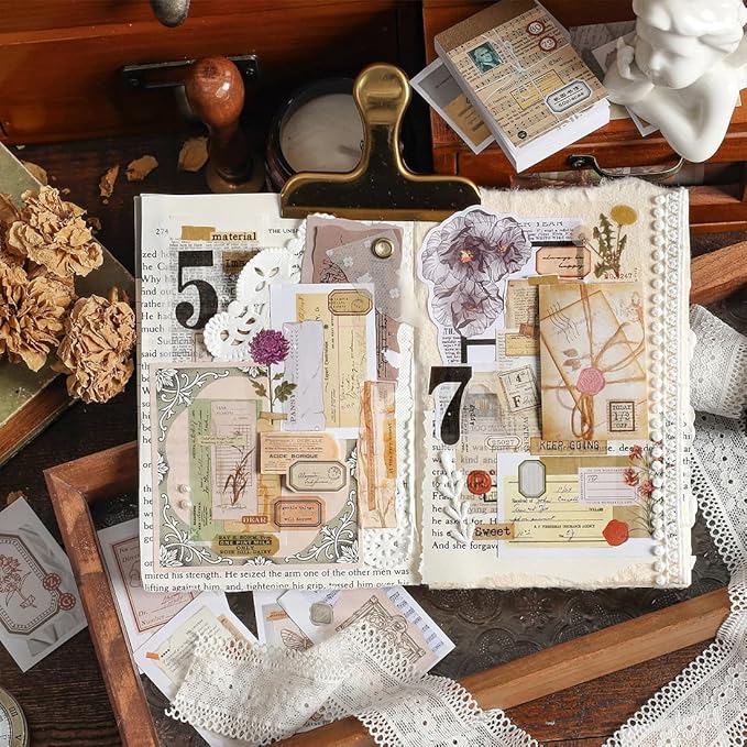6 Sets 300 Pcs Washi Stickers Book, Vintage Aesthetic Sticker Set for Journaling Scrapbook Decoration Bullet Journal,Stamps Flowers Ticket Theme Stickers for Art Diary Craft Planner