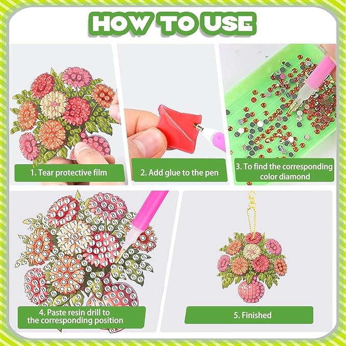 Masendp Diamond Painting Kit Keychain, 8 Pieces Diamond Art Painting Keyring 5D DIY Double-Sided Arts & Crafts Kit Mosaic Making Pendant Ornament Adult Craft Accessories (Floral)