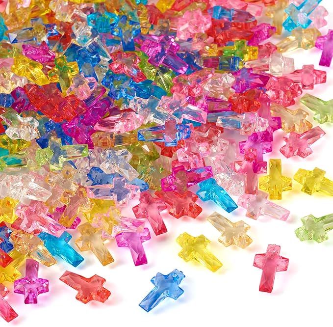 FASHEWELRY 300pcs Clear Acrylic Cross Beads Candy Color Cross Loose Beads Transparent Crosses Spacer Beads Easter Crucifix Loose Beads for Jewelry Making