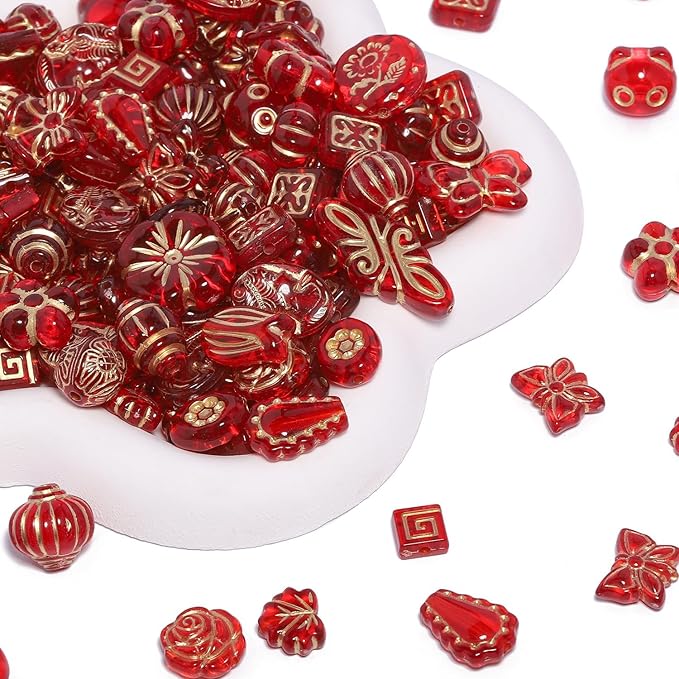 7.5 OZ Assorted Vintage Acrylic Beads for Jewelry Making, Song Xi Unique Flower Rose Czech Beads for Bracelet Earrings, Bohemia Style, Bulk, Arts and Crafts, DIY Holiday Gift (240-260 PCS, Red)