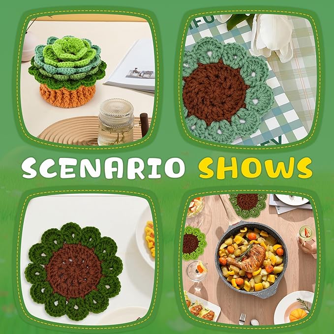 LUNARM Crochet Kit for Beginners, Crochet Start Kit Green Plant Coasters with Step-by-Step Video Tutorials, Easy-to-Learn Knitting with Hook and Yarn, Beginner-Friendly