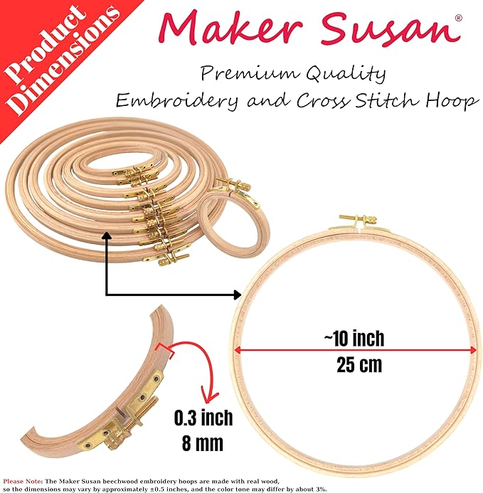 maker susan 10" wood embroidery hoop, round beechwood cross stitch hoop with adjustment brass screw, cross stitch hoops and frames, suitable for embroidery, craft sewing (10 inch)