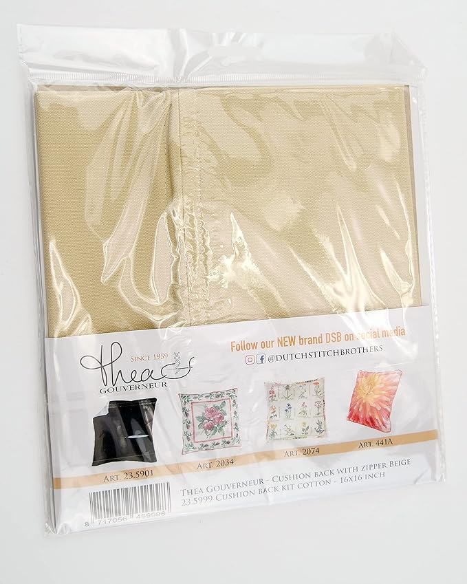 Thea Gouverneur Cushion Back Kit with Zipper - Set of 3 - Beige - for Any 16x16 Inch (40x40cm) Cushion- Cross Stitch Creations - Embroidery - Embroidery Kit for Adults - 23.59993