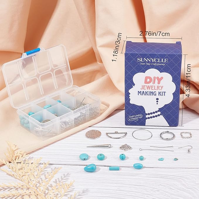 SUNNYCLUE 1 Box DIY 10 Pairs Turquoise Beads Earring Making Kit 8 Shapes Turquoise Beads Charms Hammered Feather Heart Pendants & Earring Hooks for Jewelry Craft Supplies Adults Women