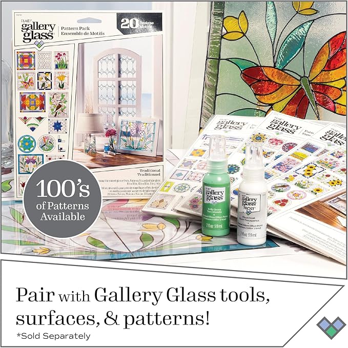 Gallery Glass Window Cling Art Kit, 10 Piece Set Including 3 Pattern Sheets, 6 Stained Glass Colors and 1 Liquid Leading, PRMGGCLING24