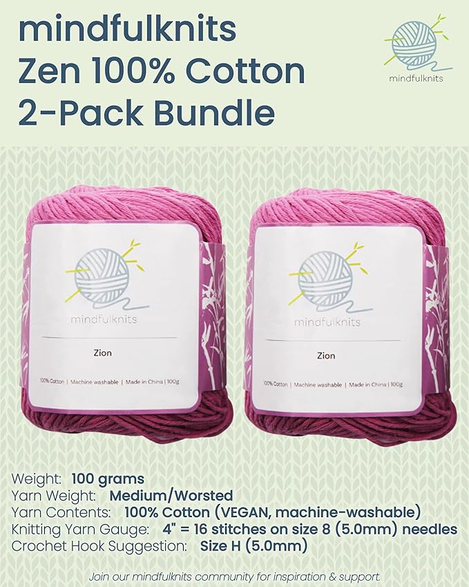 Knitting Yarn, Crochet Yarn, Mindfulness and Relaxation 100 Percent Cotton Yarn, Single Color 2-Pack - Medium Number 4 Worsted Bundle, Soft & Gentle for Garments, Amigurumi, Baby Items by mindfulknits