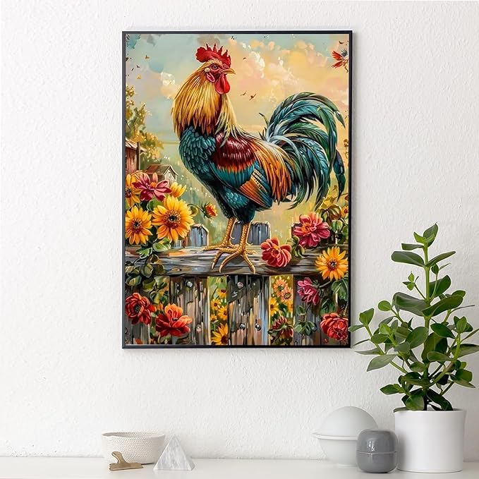 Yezavesu Chicken Diamond Art Kits for Adults, Chicken Diamond Painting Kit for Beginners, 5D DIY Round Full Drill Painting with Gem Art Craft Kits for Home Wall Decor 12x16 Inch