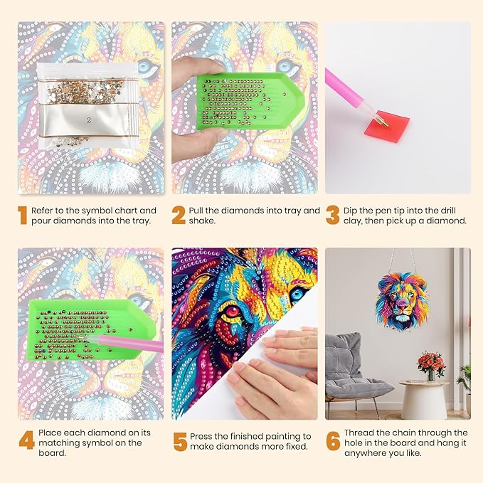MXJSUA Diamond Art Hanging Kits for Adults Beginners, Colorful Lion DIY Acrylic Special Shaped Crystal Diamond Gem Art Pendant Drills Painting Ornament for Home Wall Decor and Gift