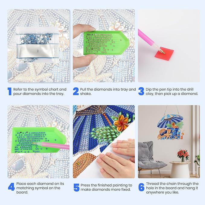 MXJSUA Beach Vacation Diamond Art Hanging Kits for Adults Beginners, DIY Acrylic Special Shaped Crystal Diamond Gem Drills Pendant Art Painting Ornament for Home Wall Decor Gift