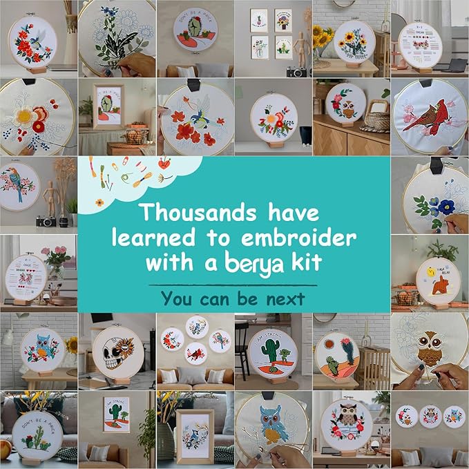 BERYA Cactus Embroidery Kit Including Video Step by Step Instructions Embroidery Hoop,Color Threads and Embroidery Scissors for Beginners-Handmade Needlepoint Kits for Adults