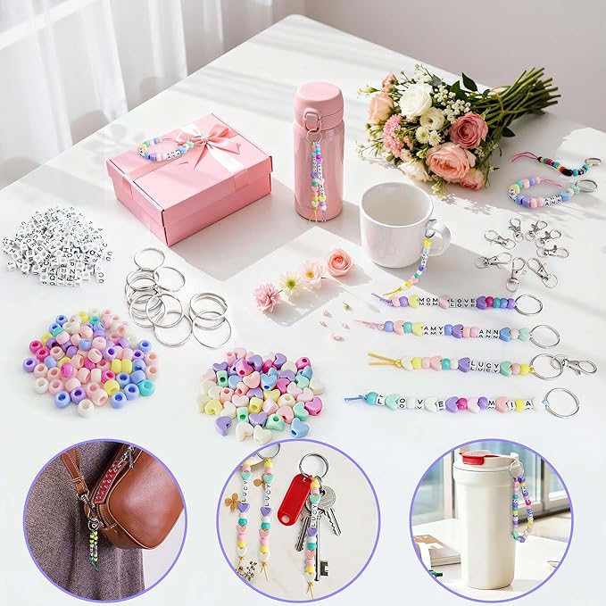 BIGCOMER 568Pcs DIY Bead Keychain Making Kit – Alphabet Letter Beads & Key Rings Set – Custom Backpack Charms, Phone Straps & Arts Crafts Gifts for Kids & Adults