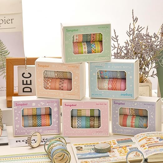 20 Rolls Basic Washi Tape Set Japanese Arts Adhesive Tapes Simple Patterns Decorative Masking Tape Sets for Craft, Kids, Scrapbook, DIY, Gift Wrapping (Style One)