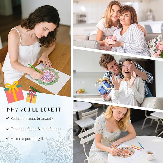 Adult Coloring Book, Mandala Adult Coloring Book for Women Relaxation,Spiral Bound Single-Sided Print Mindfulness Relaxing Gifts for Women to Stress Relief & Relieve Anxiety, Hand-Drawn Design