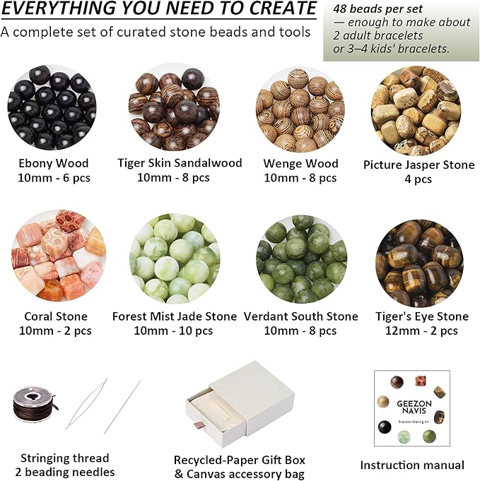 Geezon Navis Bracelet Making Kit - 10mm Natural Stone Beads with Wooden Beads - 48pcs Multicolor - DIY Jewelry Making Starter Kit Adult Men Women Birthday Gift Craft (48, Color A)