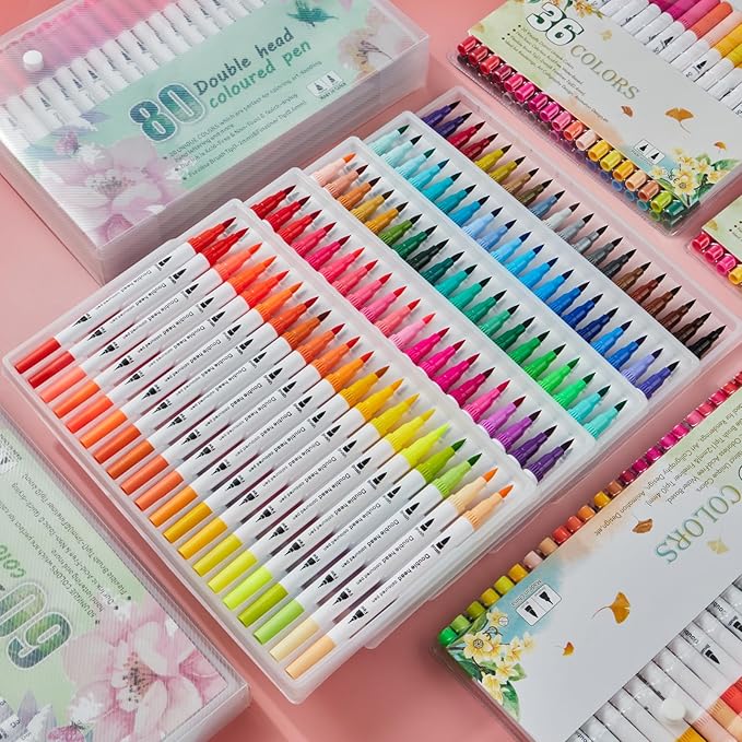 24 Colors Markers for Adult Coloring Books No Bleeding - Dual Tip Water Based Art Coloring Markers Set for Drawing, Painting, Fine Tip and Brush Tip Brush Pens for Artists(White Barrel)