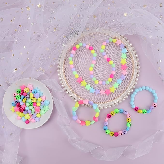 Miss Rabbit Candy Color Acrylic Heart Beads Star Beads Plastic Bead Kit Cute Pastel Bead for Bracelets Jewelry Making DIY Crafts Necklace Phone Charm