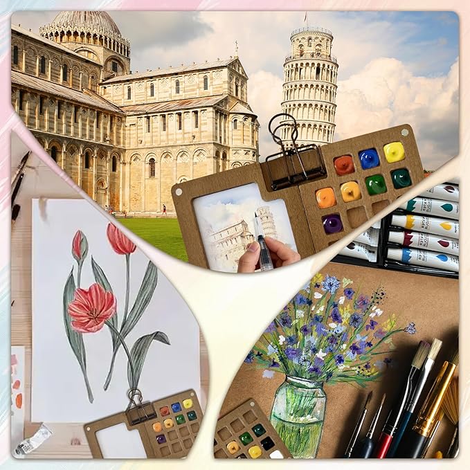 Mini Watercolor Paint Set, 24 Colors Travel Watercolor Kit with 15 Grids Walnut Wood Palette, Water Brush, Sketchbook & Clip | Portable Pocket Painting Set for Adults, Beginners, Artists, Students
