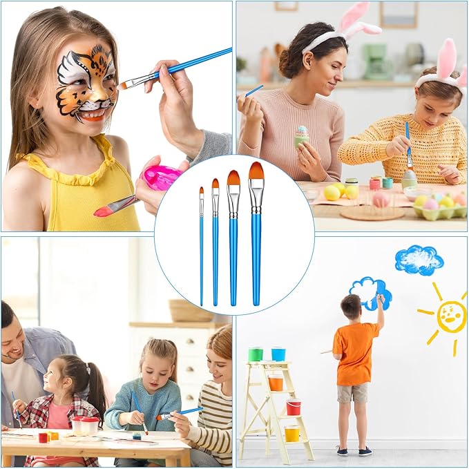 Sherr 48 Pcs Paint Brush Set Bulk Acrylic Brush Wood Paint for Detail Art Crafts Kids Artist Adult Watercolor Oil Face Body(1.1, 1, 0.8, 0.7 Inch,Filbert Style)
