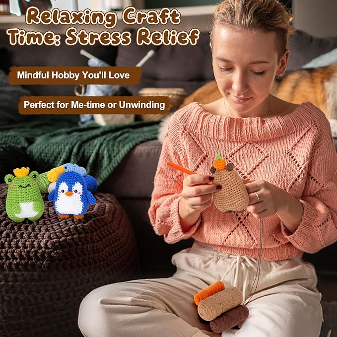 fortuning's jds crochet kit for beginners, crochet animal kit includes penguin, capybara & frog, complete starter kit for adult, diy craft crochet kits, easy knitting kit christmas gifts