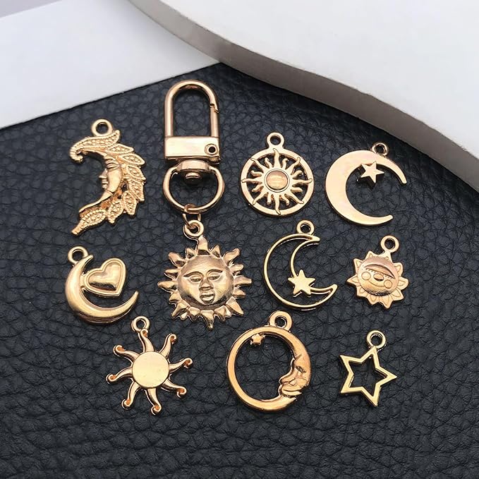 WOCRAFT 60pcs KC Gold Sun Moon Star Charms Bracelet Charms for Jewelry Making Sets DIY Necklace Bracelet Keychain Crafting Charms Kit Craft Supplies (SN836)