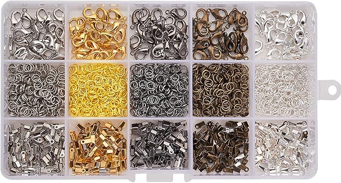 PH PandaHall 1800 Pcs Jewelry Finding Kits, 5 Colors Cord Ends Lobster Claw Clasps 5mm Jump Rings for Earring Bracelet Necklace Pendants Jewelry DIY Craft Making, 24 Styles/Set