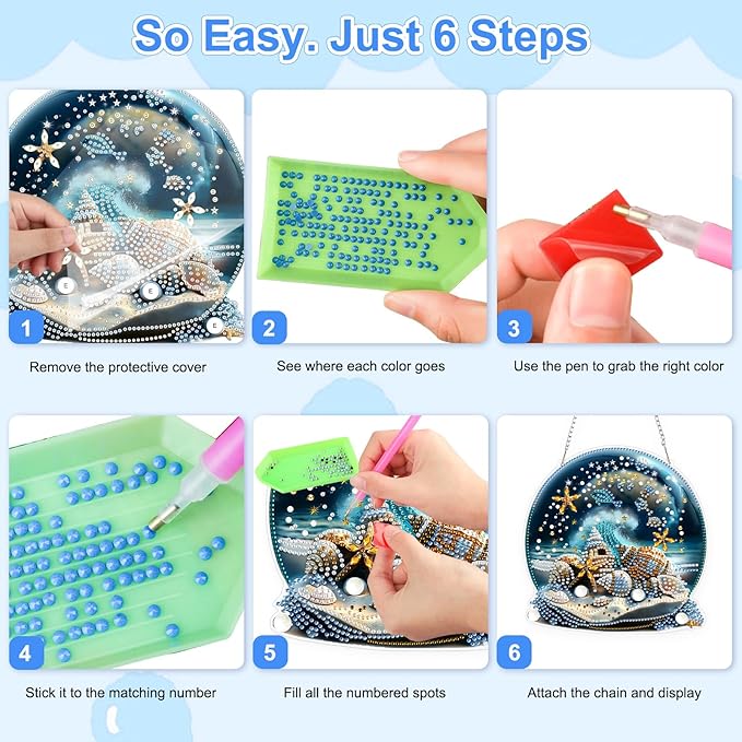 TOSTOG Ocean View Crystal Ball Diamond Art Pendant Kit for Adult, Diamond Painting Hanging Kit for Beginners, 5D DIY Crafts Gem Art, Waterproof Full Accessories for Home Decor Idea 20 * 20 cm/8 * 8 in