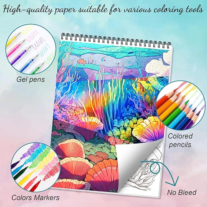 Ocean Coloring Books for Adult Coloring Book for Women Spiral Bound Page One Sided Design Gifts Arts and Crafts for Women to Relax, Anxiety and Depression 30 Colorful Coloring Pages of Ocean Wonders