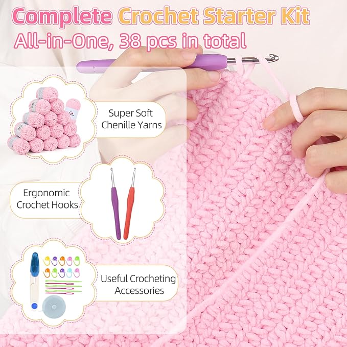Aeelike Blanket Crochet Kit for Beginners, Easy Crochet Blanket Kit with Soft Chenille Yarns Detailed Instruction Crocheting Accessories Complete Beginners Crocheting Kits, Sakura Pink