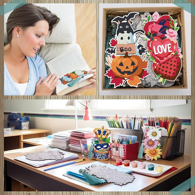 Kosiz 12 Pcs Easter Paint by Numbers Kit for Adults Holiday Wood Bookmark Painting Decor Spring Beach Mini Paint by Numbers Tassels Blank Bookmarks Craft for Summer Small DIY Book Lovers Gift 7x2