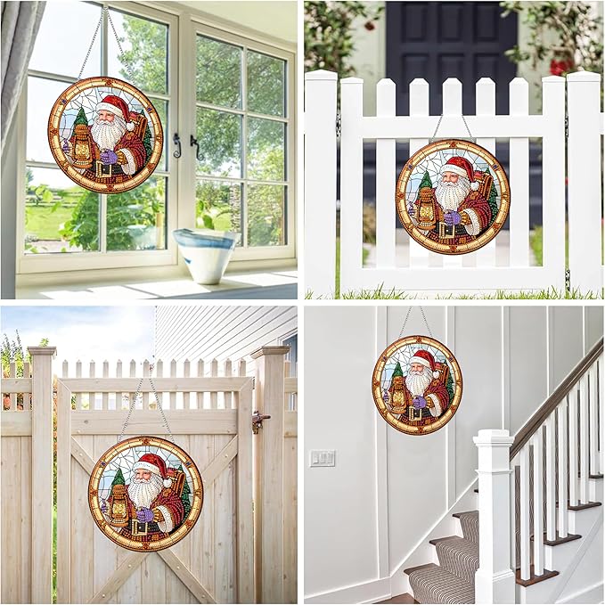 Reofrey Hanging Diamond Art Kits for Adults - 8x8 Inch Christmas Santa Claus Acrylic Board Double Sided Pattern Diamond Art Suncatcher Pendant, DIY Crystal Art for Home Wall or Window Decoration Gift